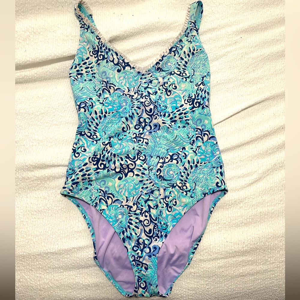 Lilly Pulitzer Azara One Piece Swim Suit Light Aqua Spritz Scoop Back Ruffle